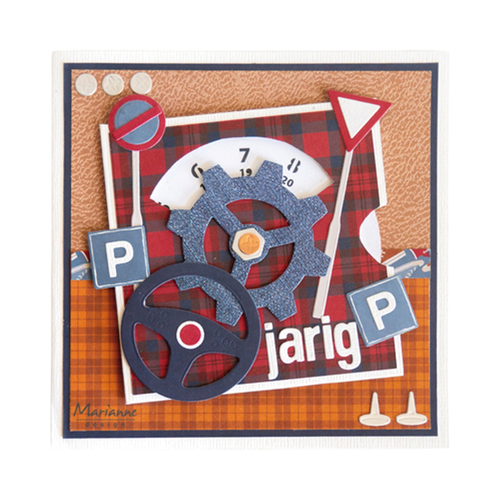 Voorbeeldkaart gemaakt met de PS8196 Turning wheel Craftstencil,LR0959 traffic creatable en de CR1737 Gears en LR0962 Steering wheel van Marianne design. 
