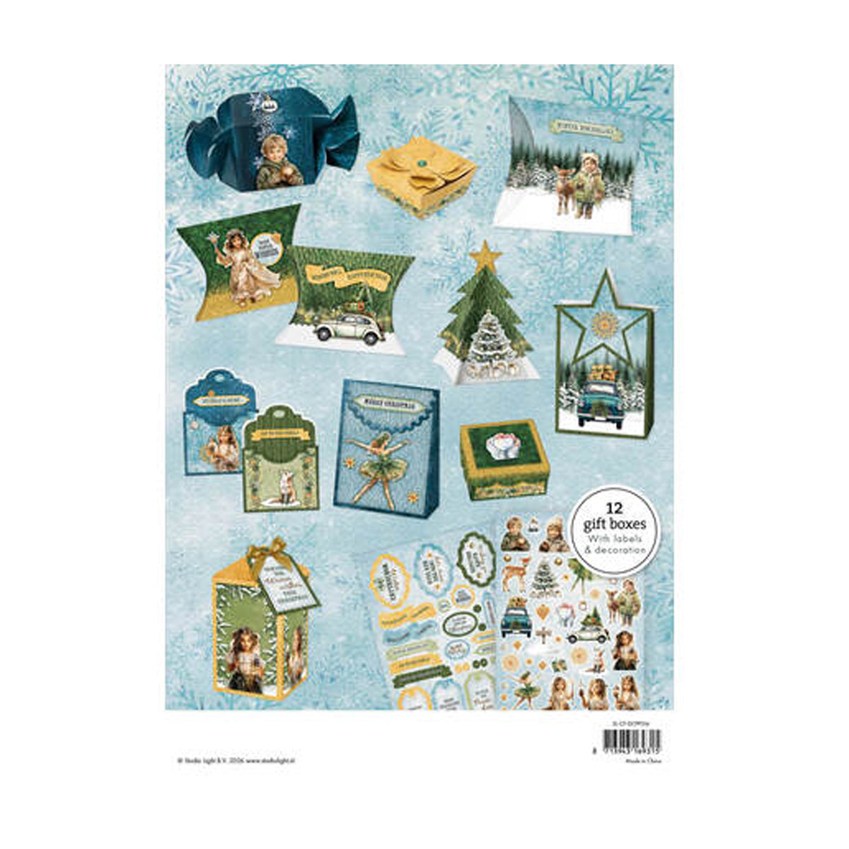 Studio Light Christmas Forest Die-Cut Paper Pad DIY Giftboxes (SL-CF-DCPP514) op A4-formaat met voorbeelden van voorgestanste kerstdoosjes, engeltjes, vintage auto's en herten