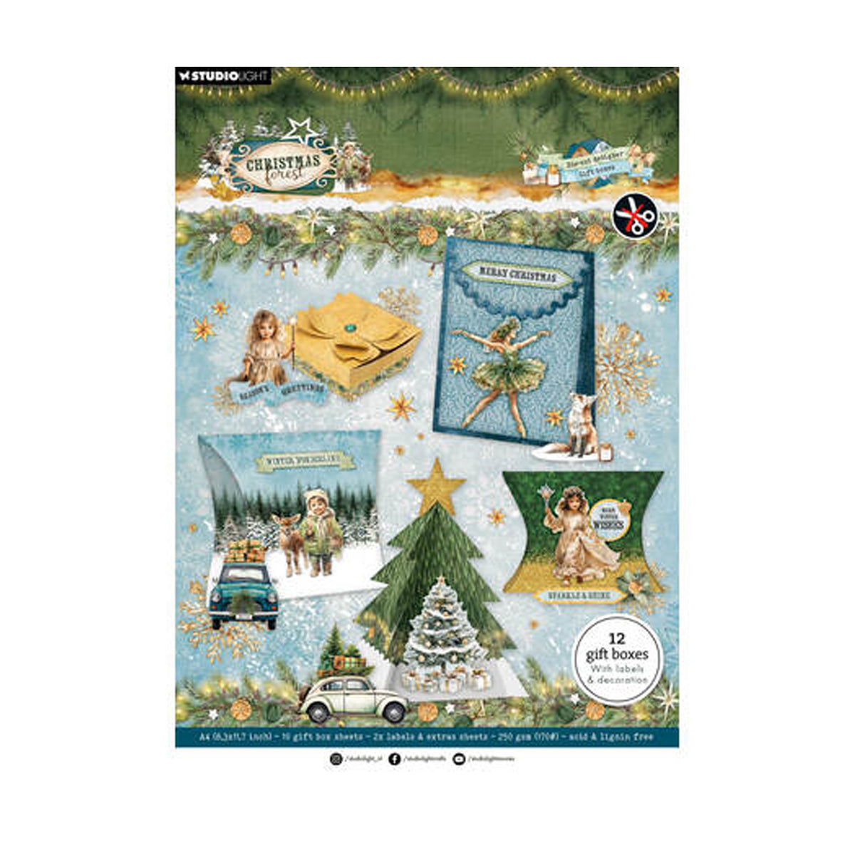 Studio Light Christmas Forest Die-Cut Paper Pad DIY Giftboxes (SL-CF-DCPP514) op A4-formaat met voorbeelden van voorgestanste kerstdoosjes, engeltjes, vintage auto's en herten