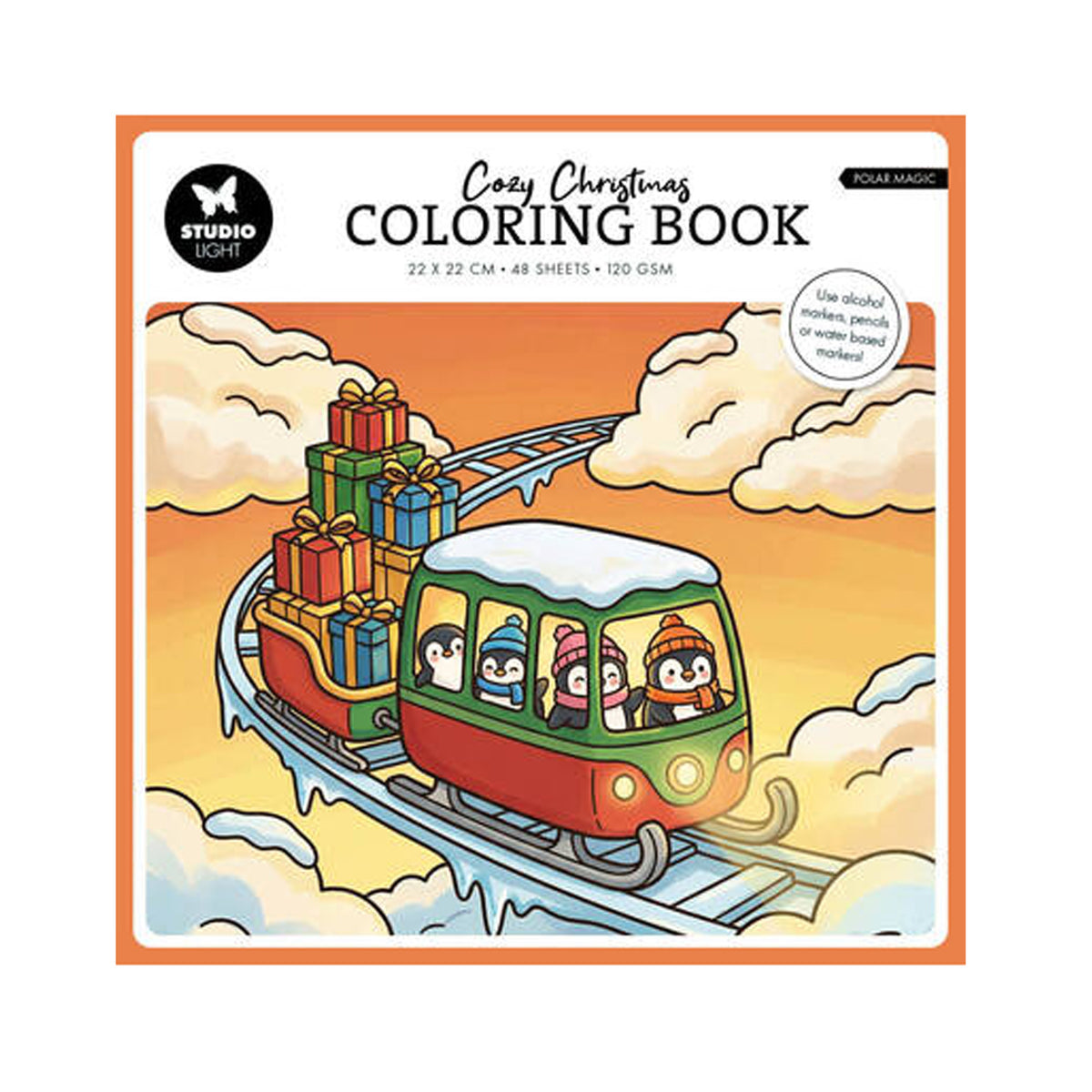 Studio Light Essentials Cozy Christmas Coloring Book Polar Magic (SL-ES-CB12) met pinguïns in een slee-trein met cadeaus op de cover