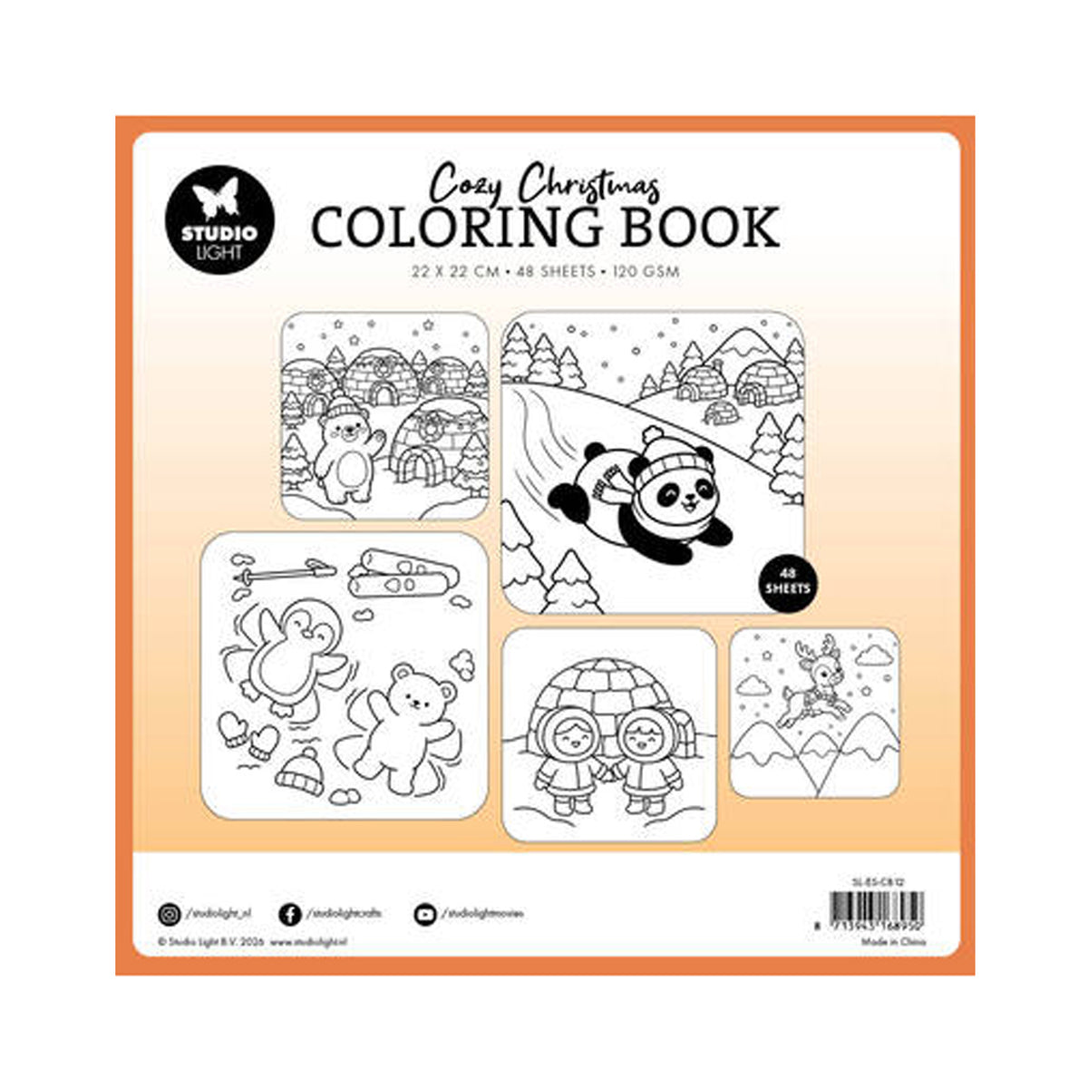 Studio Light Essentials Cozy Christmas Coloring Book Polar Magic (SL-ES-CB12) met pinguïns in een slee-trein met cadeaus op de cover