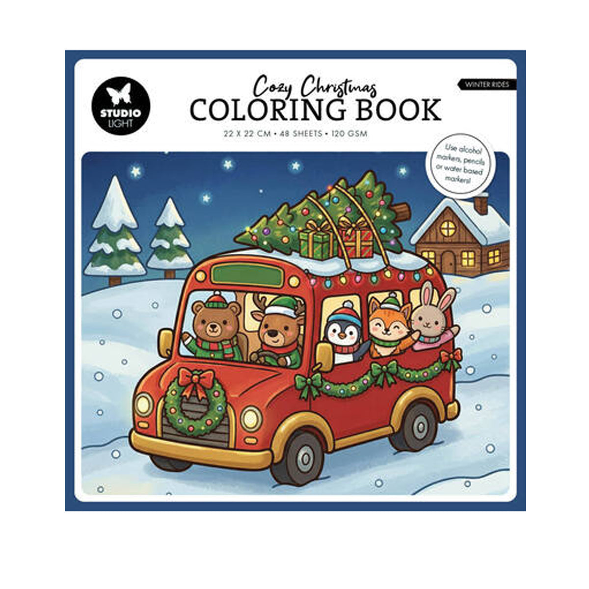 Studio Light Essentials Cozy Christmas Coloring Book Winter Rides (SL-ES-CB15) met schattige diertjes in een rode kerstbus op de cover