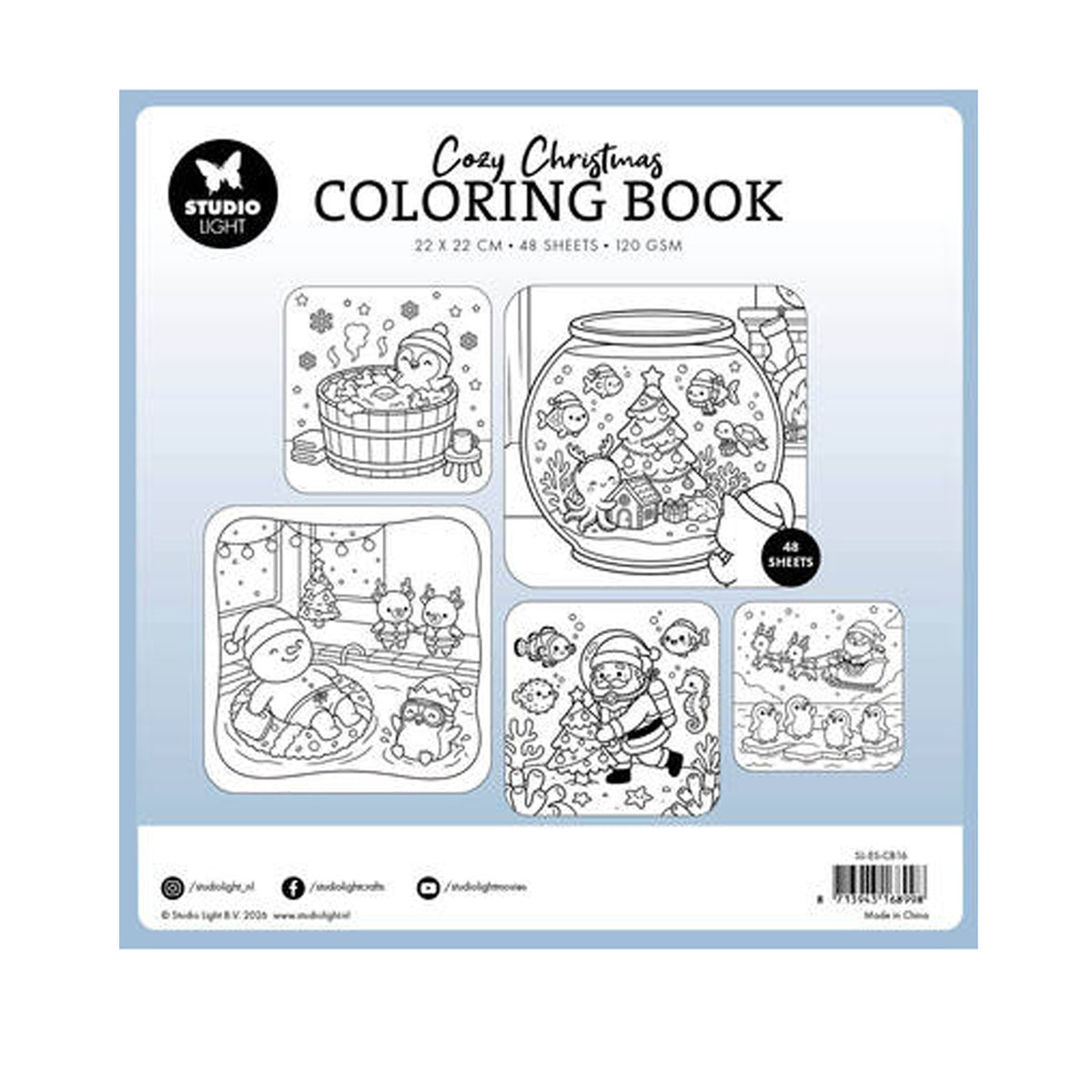 Studio Light Essentials Cozy Christmas Coloring Book Cozy Flow (SL-ES-CB16) met surfende pinguïns op winterse golven op de cover