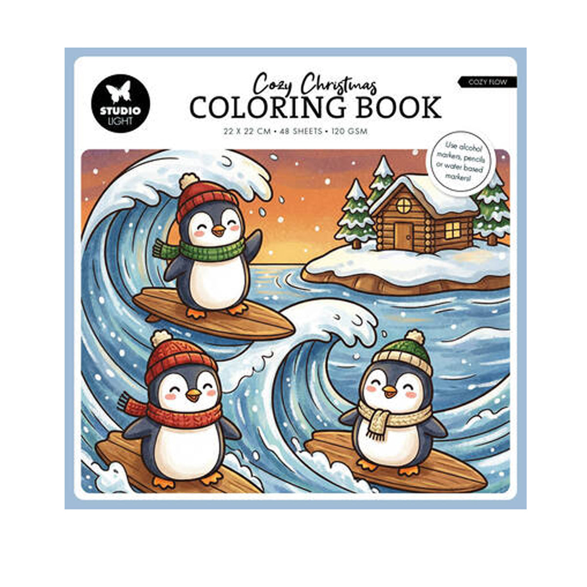 Studio Light Essentials Cozy Christmas Coloring Book Cozy Flow (SL-ES-CB16) met surfende pinguïns op winterse golven op de cover