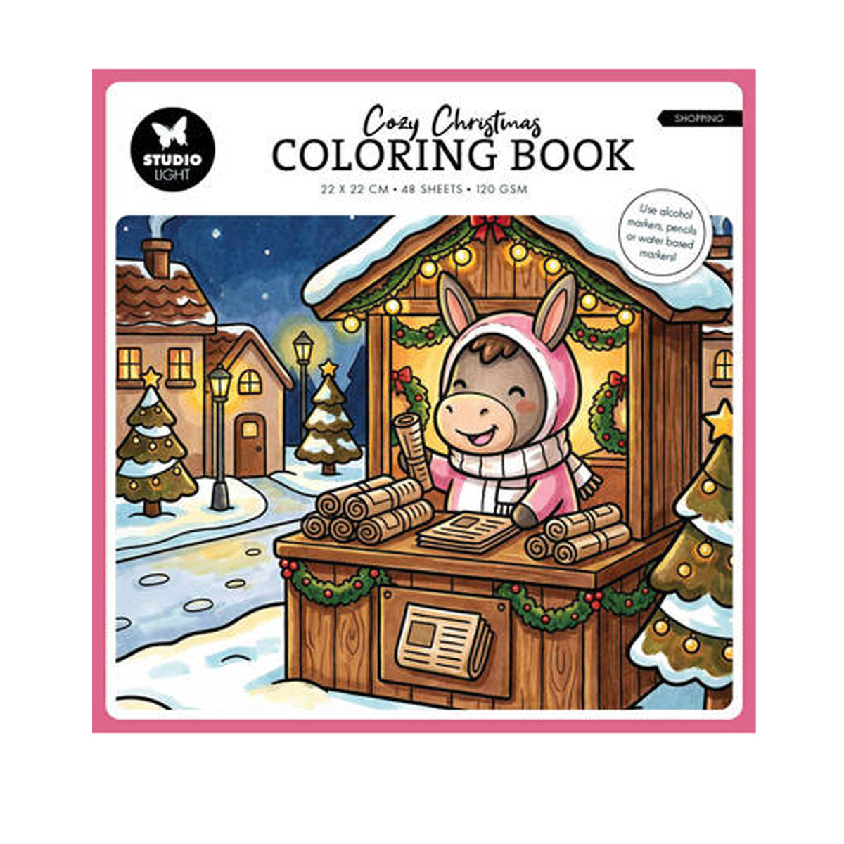Studio Light Essentials Cozy Christmas Coloring Book Shopping (SL-ES-CB17) met een ezel in een kerstkraampje op de cover