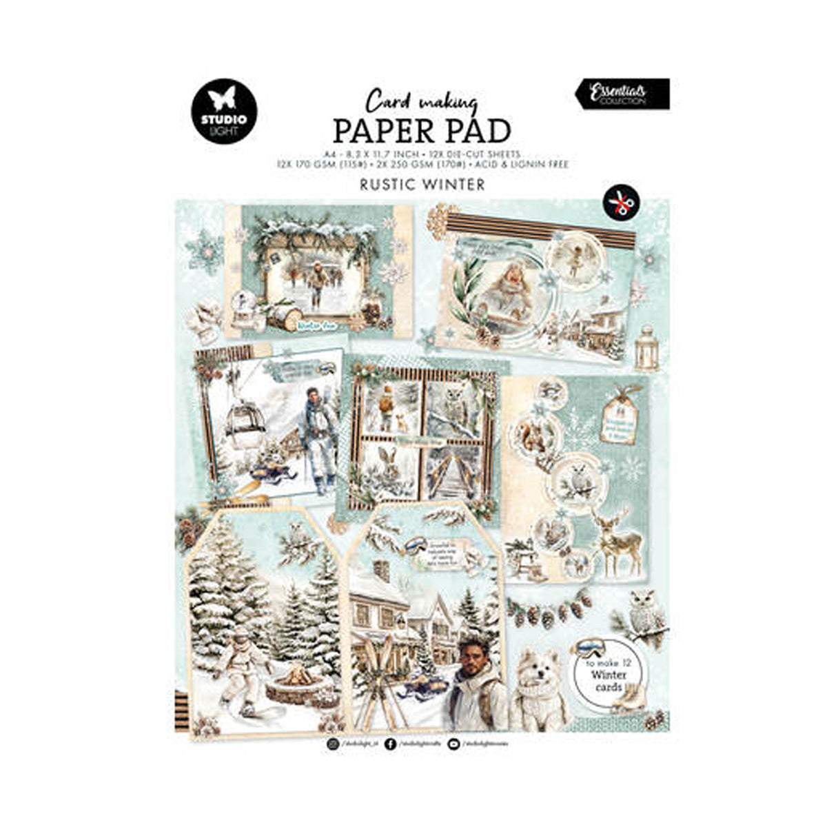 Studio Light Essentials Card Making Paper Pad Rustic Winter CMP45 A4-blok met voorgestanste afbeeldingen voor het maken van 12 winterkaarten.