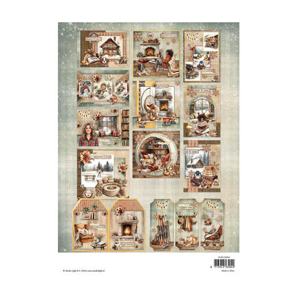 Studio Light Essentials Card Making Paper Pad Warm Winter CMP46 A4-blok met voorgestanste afbeeldingen van een haardvuur, blokhut en huisdieren voor 12 winterkaarten.