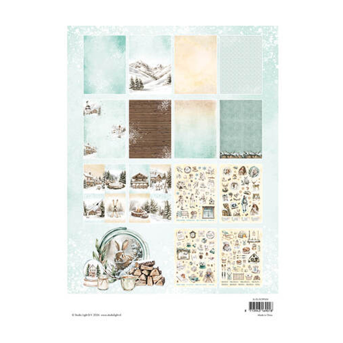 Studio Light Essentials Die-Cut Designer Paper Pad Rustic Winter DCPP509 A4-blok met meer dan 400 voorgestanste mintgroene winterse afbeeldingen en achtergrondvellen.