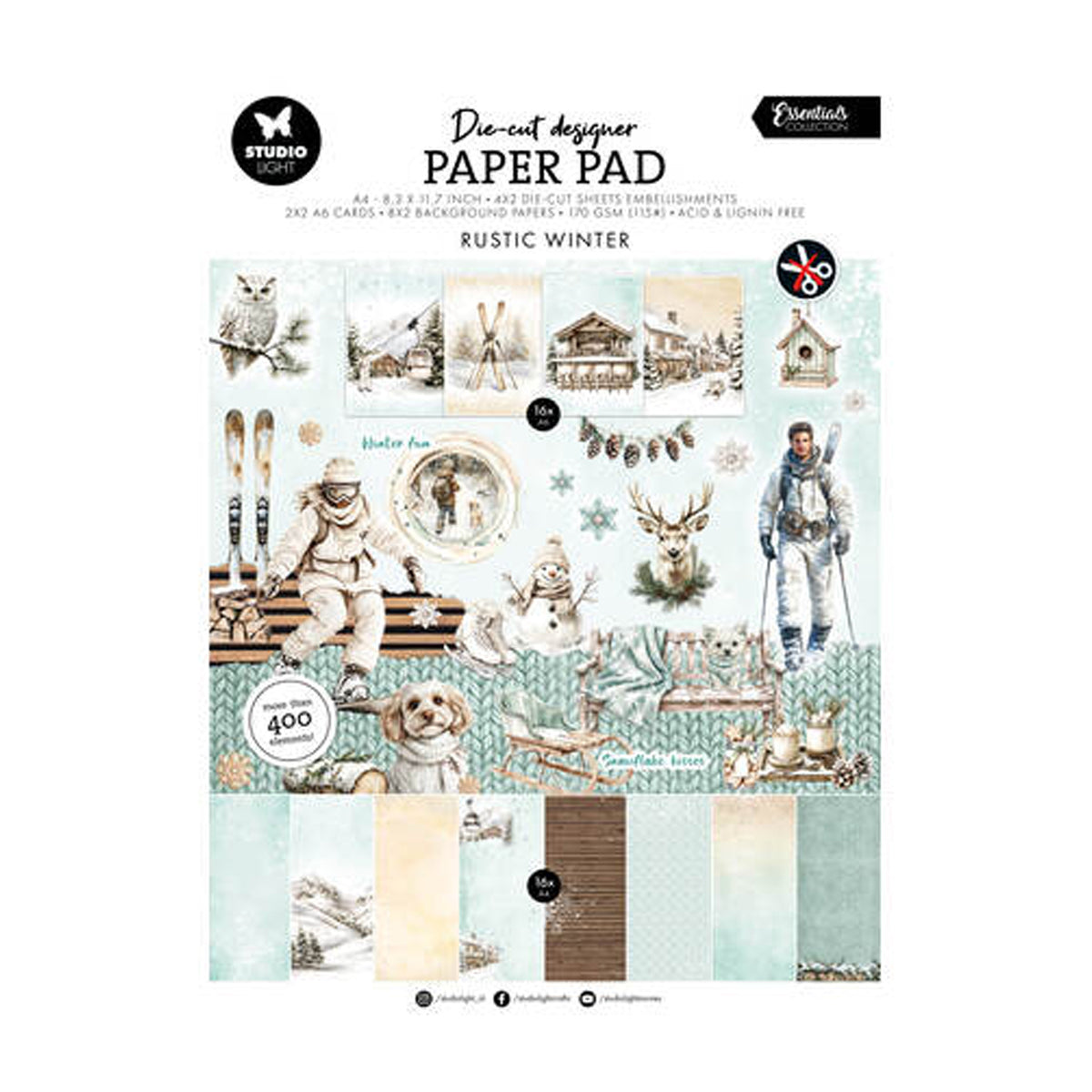 Studio Light Essentials Die-Cut Designer Paper Pad Rustic Winter DCPP509 A4-blok met meer dan 400 voorgestanste mintgroene winterse afbeeldingen en achtergrondvellen.