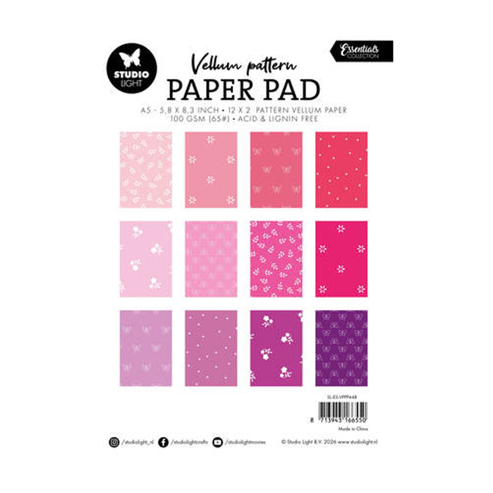 SL-ES-VPPP448 Shaes of pink vellum pattern van Studio Light. Dit is een paper pad met vellum.
