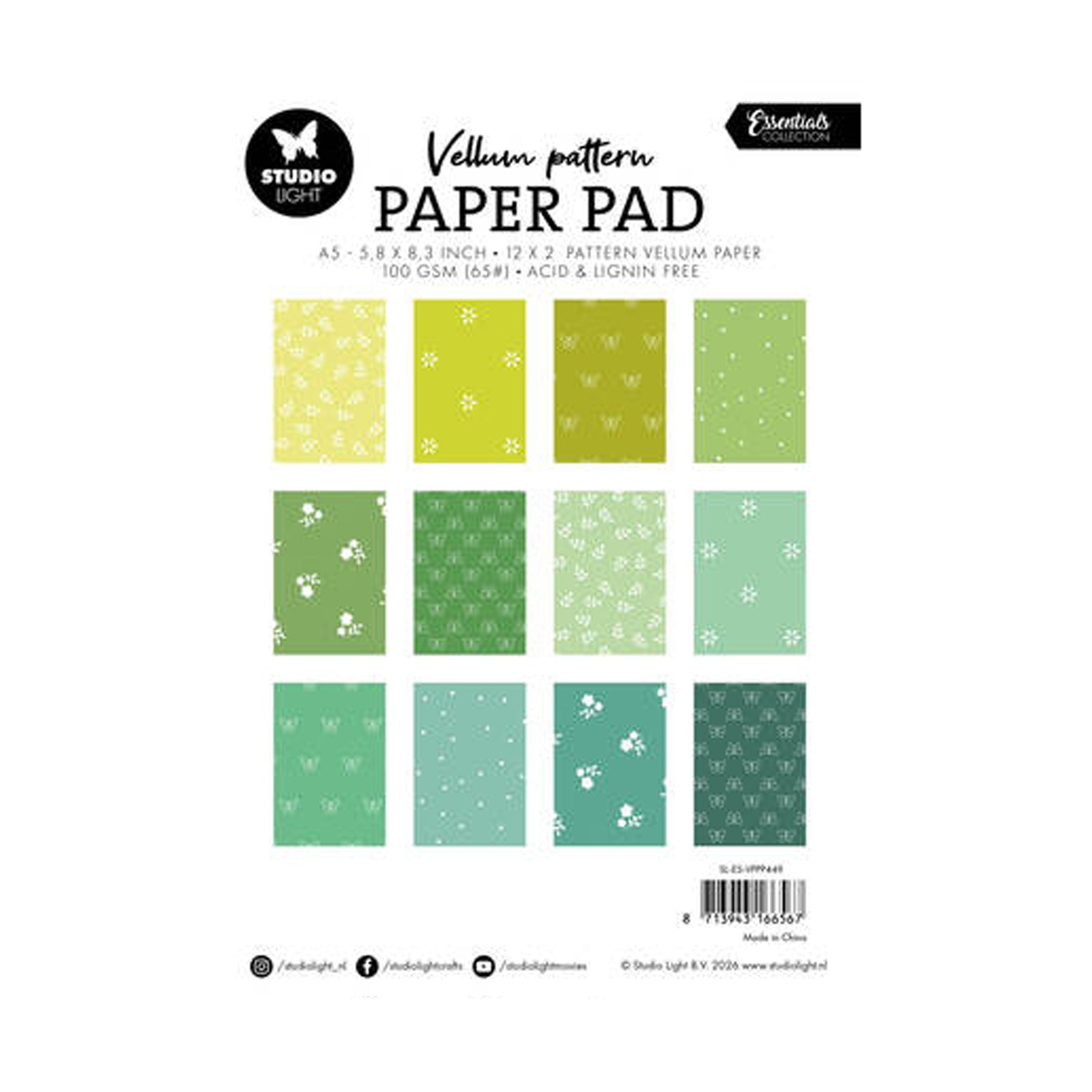 SL-ES-VPPP449 Shades of green vellum pattern van Studio Light. Dit is een paper pad met vellum voor hobby