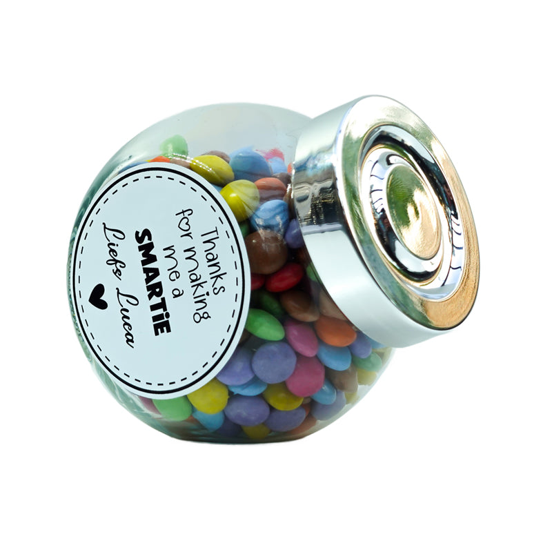 potjes met tekst thanks for making me a smartie. Heel leuk om te geven als bedankje voor de juf