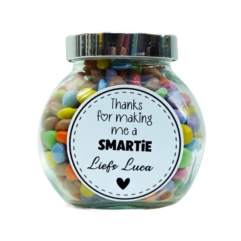 potjes met tekst thanks for making me a smartie. Heel leuk om te geven als bedankje voor de juf