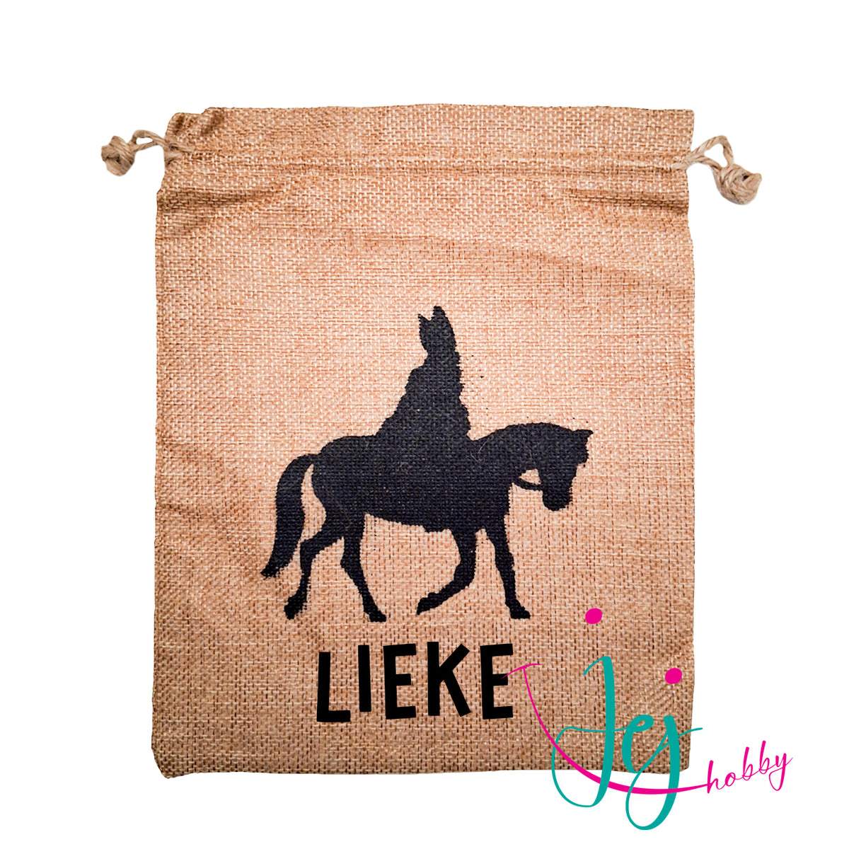 gepersonaliseerd Jute pepernootzakje van 20x25 cm met zwarte afbeelding van Sinterklaas op het paard. Keuze uit diverse lettertypen