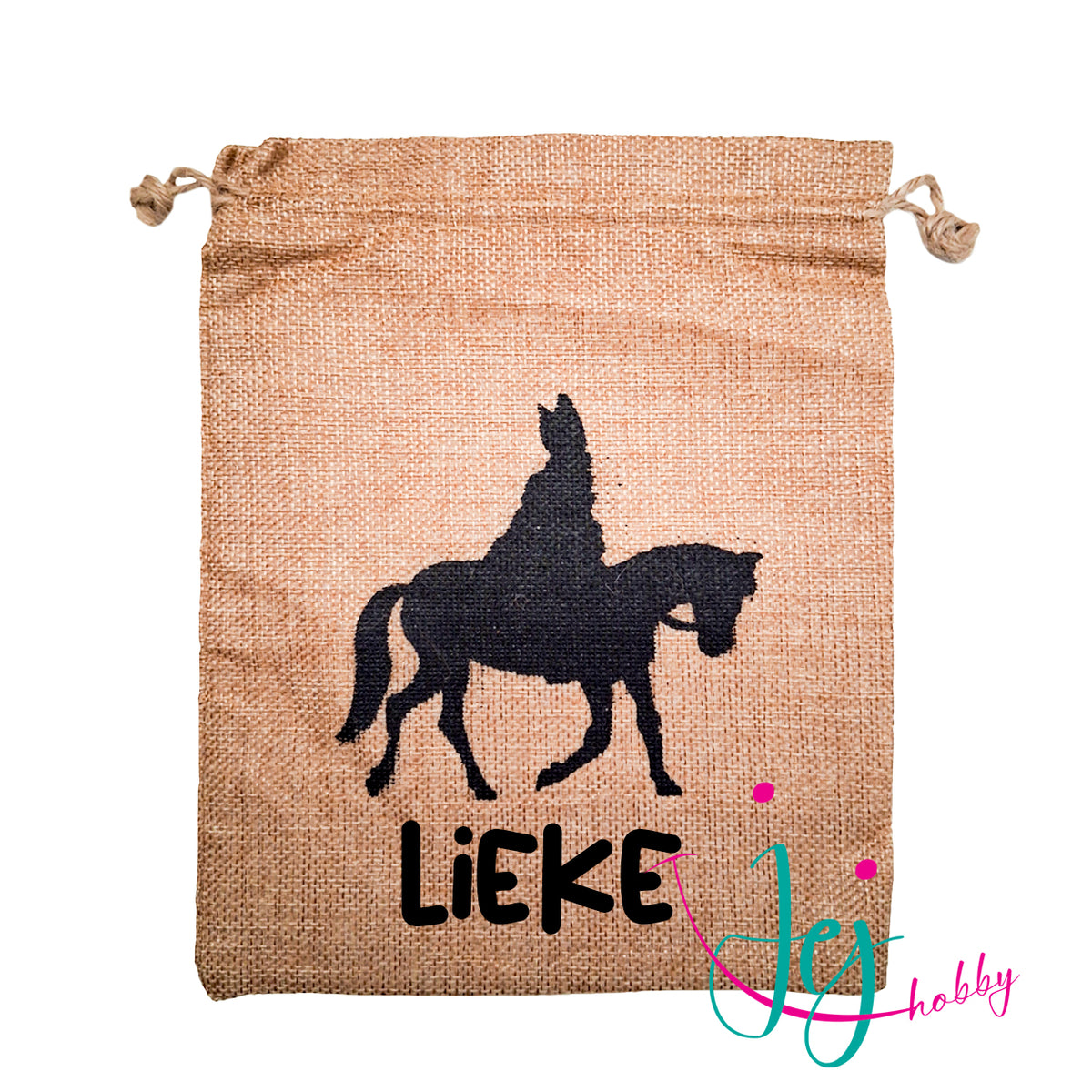 gepersonaliseerd Jute pepernootzakje van 20x25 cm met zwarte afbeelding van Sinterklaas op het paard. Keuze uit diverse lettertypen