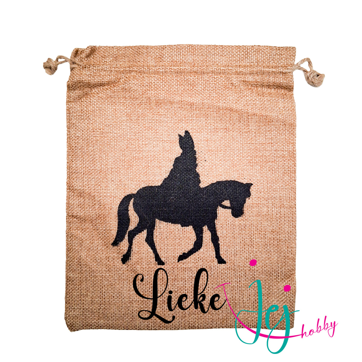 gepersonaliseerd Jute pepernootzakje van 20x25 cm met zwarte afbeelding van Sinterklaas op het paard. Keuze uit diverse lettertypen